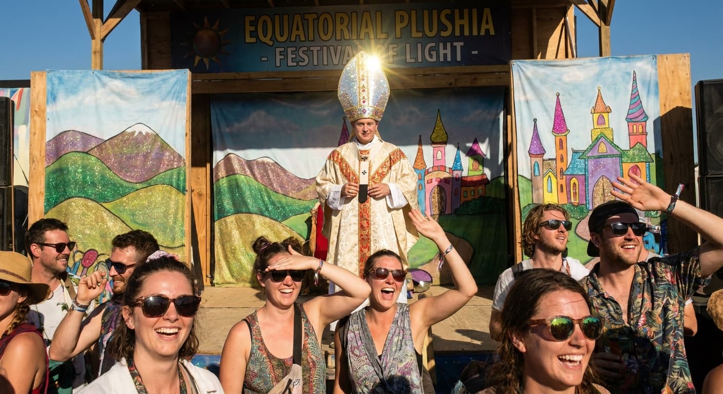 Pretend Pontiff Lampoons Mineral Exploitation with Blindingly Gaudy Headgear